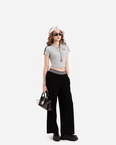 quần ống suông lưng thun màu đen