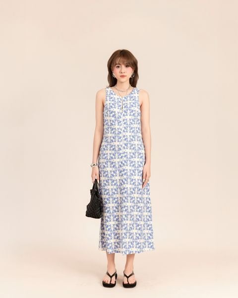 đầm linen dáng dài khóa kéo xẻ tà bông xanh