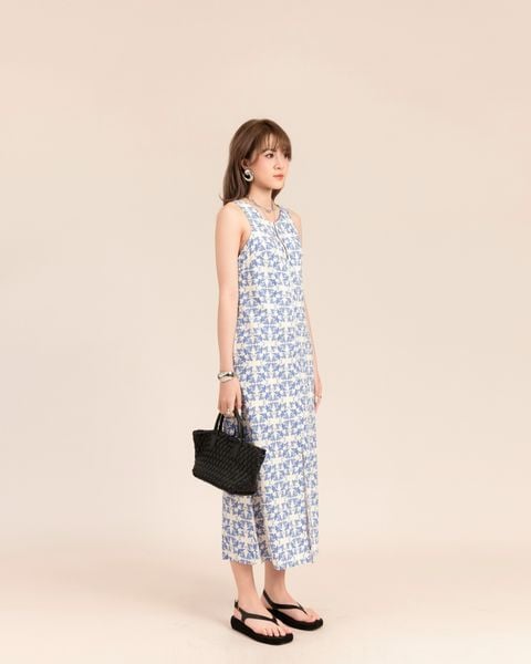 đầm linen dáng dài khóa kéo xẻ tà bông xanh