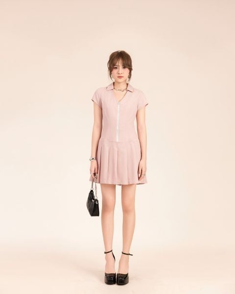 đầm kaki hồng xếp ly