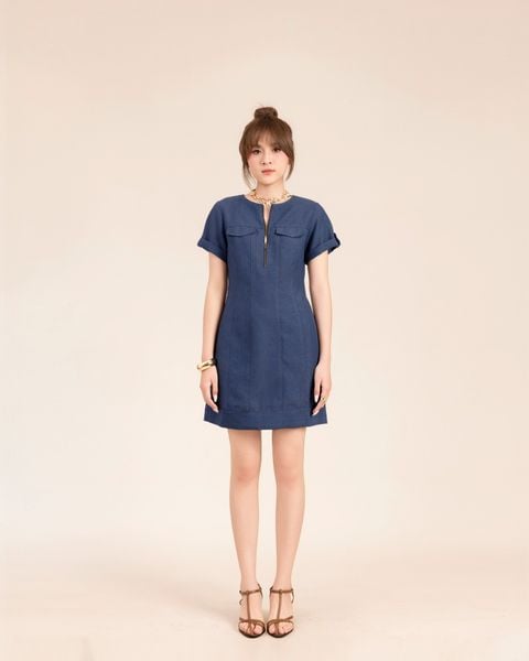 đầm kaki xanh đậm phối khóa kéo