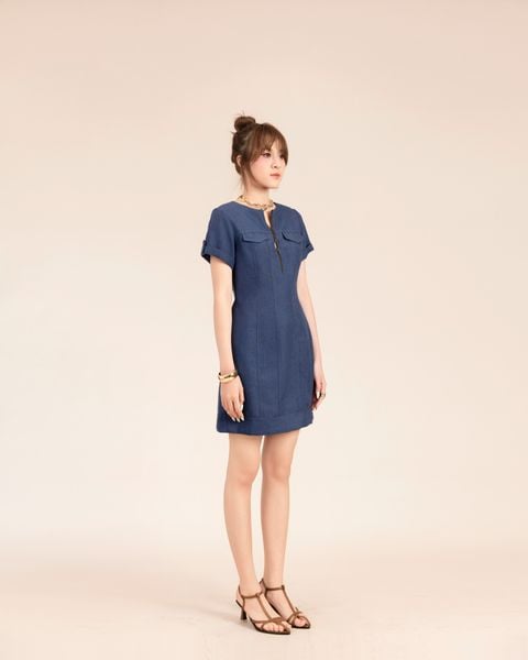 đầm kaki xanh đậm phối khóa kéo