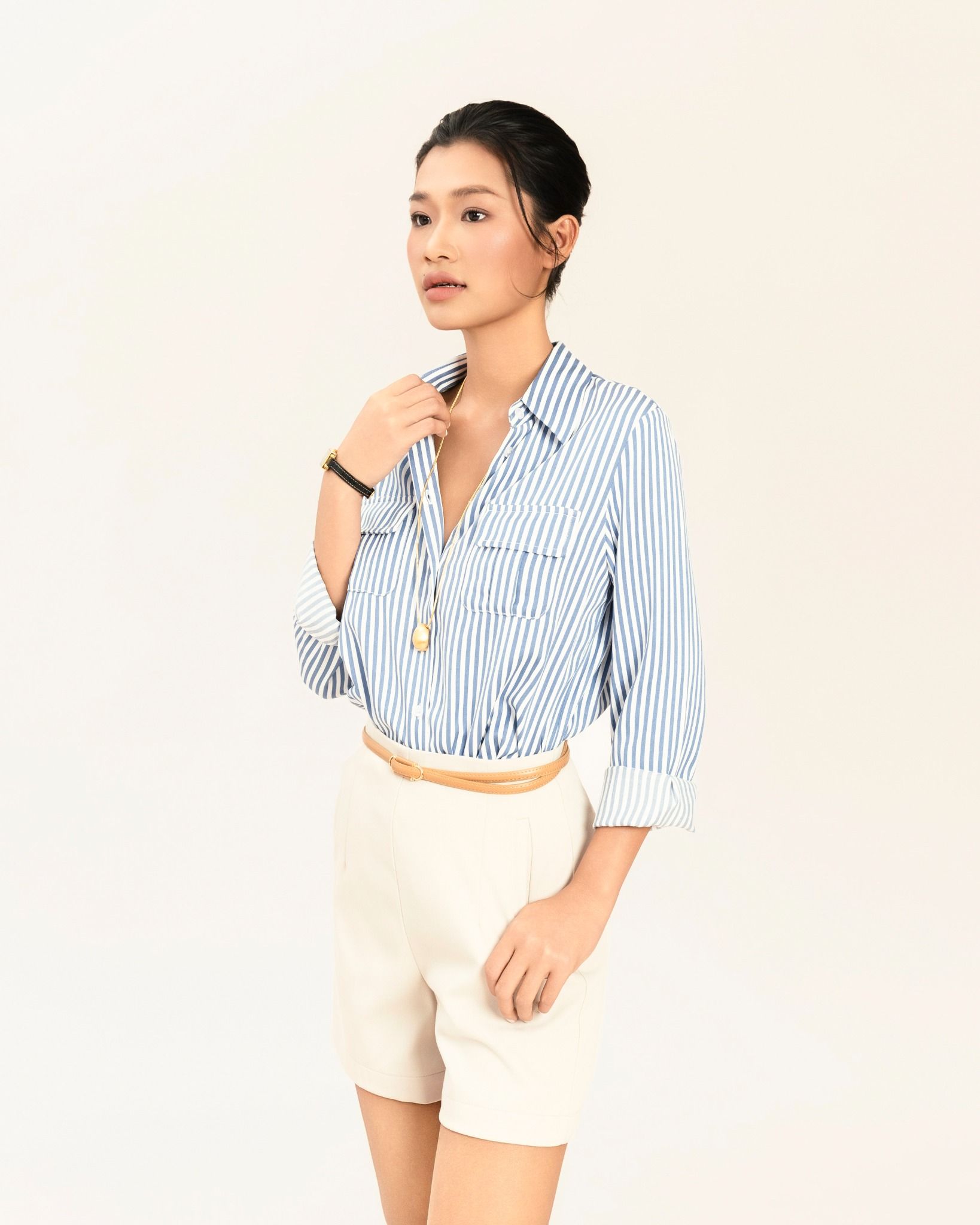 Sơ Mi Sọc Lụa Tay Dài Phối Túi 10611830