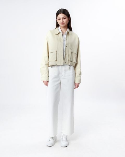 khoác croptop túi hộp màu kem