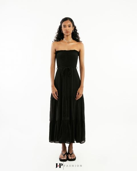 đầm dài lụa phối tơ giấy cúp ngực đen