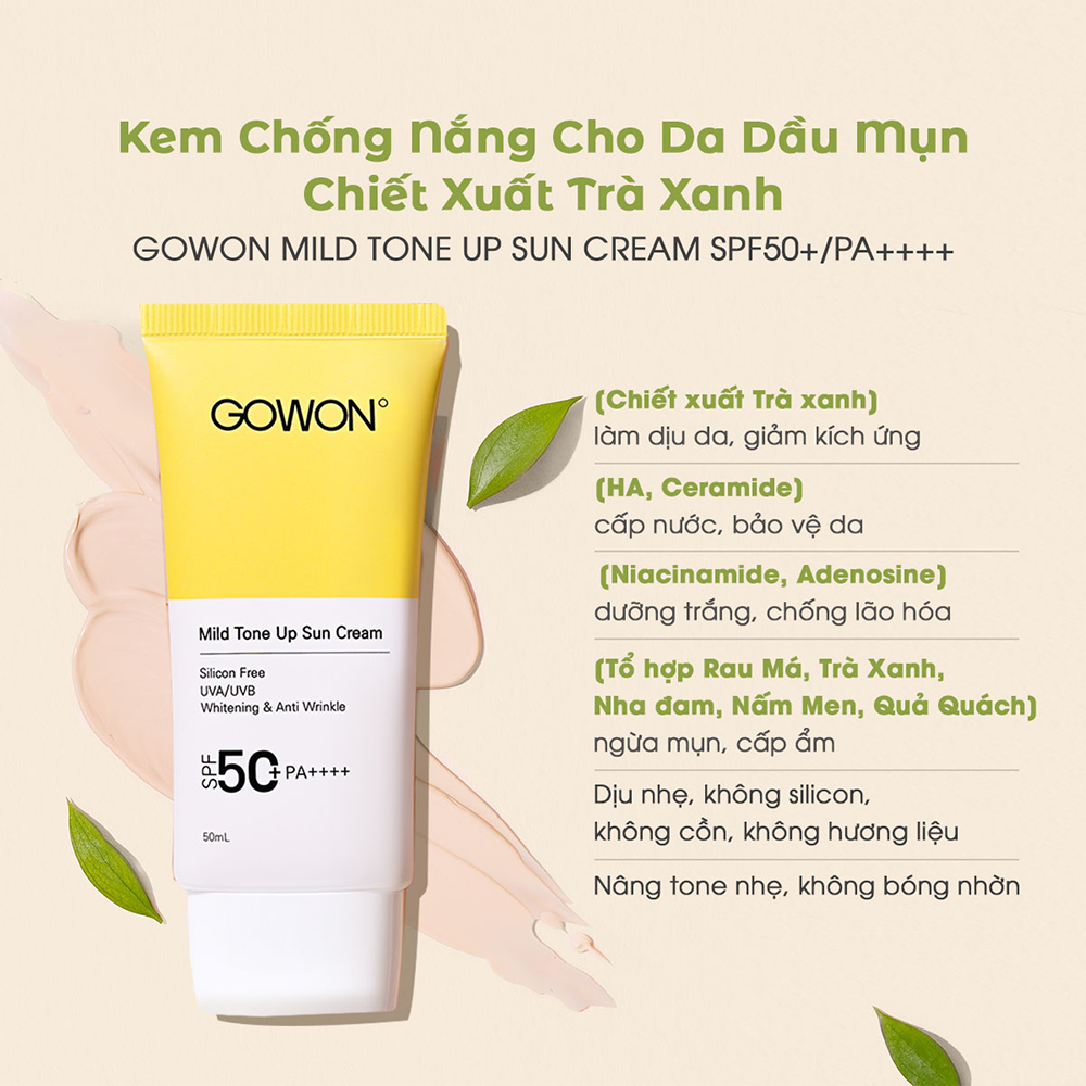 Kem Chống Nắng Nâng Tone Cho Da Nhạy Cảm, Ngừa Mụn, Dưỡng Trắng Da Chiết Xuất Trà Xanh Gowon Mild Tone Up Sun Cream SPF50+/PA++++