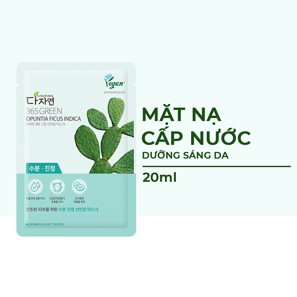 Mặt Nạ Xương Rồng Cấp Nước, Dưỡng Ẩm, Làm Dịu & Dưỡng Sáng Da All Natural 365 Green Opuntia Ficus Indica Sheet Mask 20ml