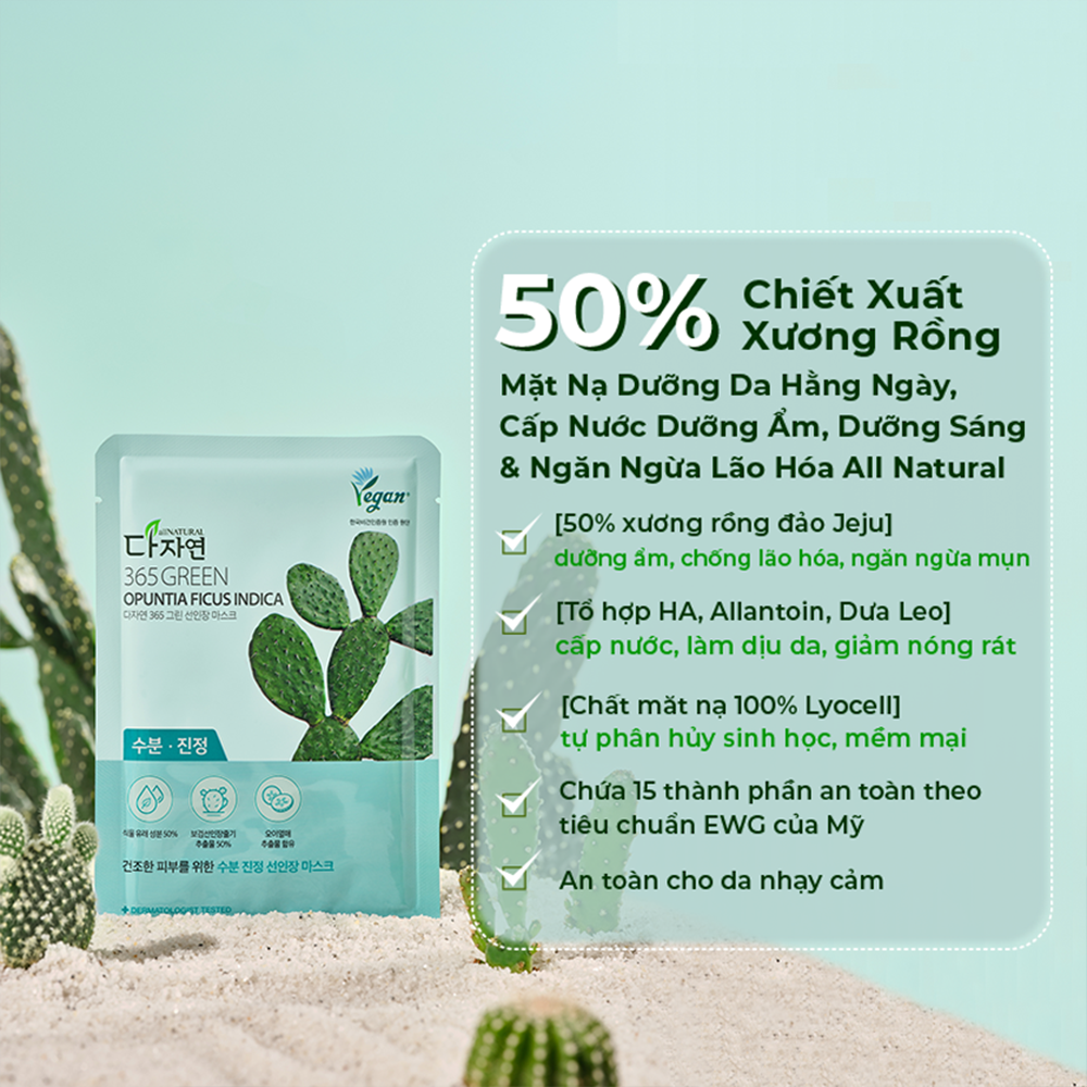 Mặt Nạ Xương Rồng Cấp Nước, Dưỡng Ẩm, Làm Dịu & Dưỡng Sáng Da All Natural 365 Green Opuntia Ficus Indica Sheet Mask 20ml