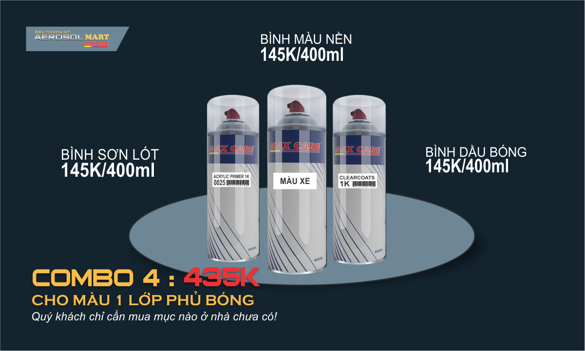 Combo 4 (485K) - Chai xịt Maxcare cho màu 1 lớp - Phủ bóng