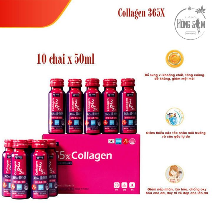 Nước uống đẹp da 365X Collagen Hàn Quốc chống lão hóa - Hộp 10 chai x 50ml