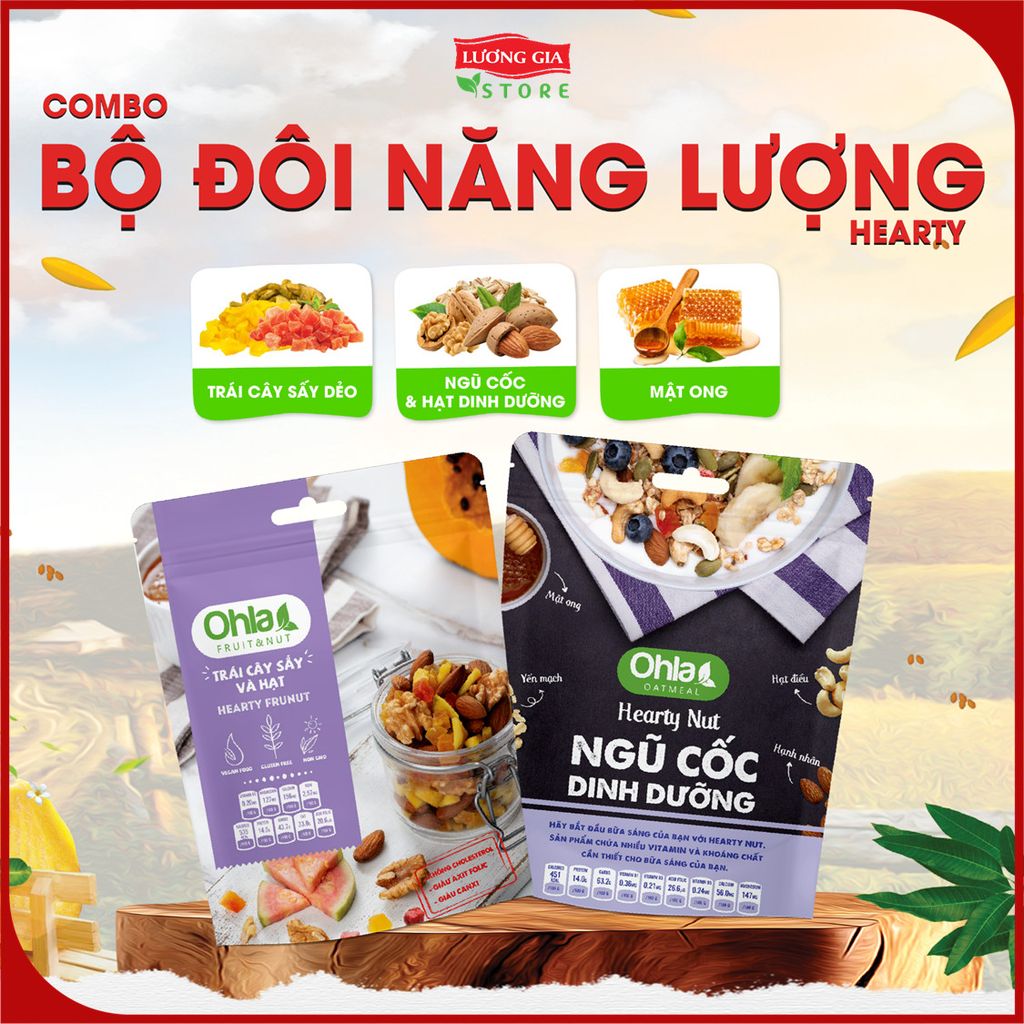 COMBO Bộ đôi năng lượng Hearty ( 1 NCDD Hearty 180gr và 1 Trái Cây Sấy Mix Hạt Hearty 100gr)