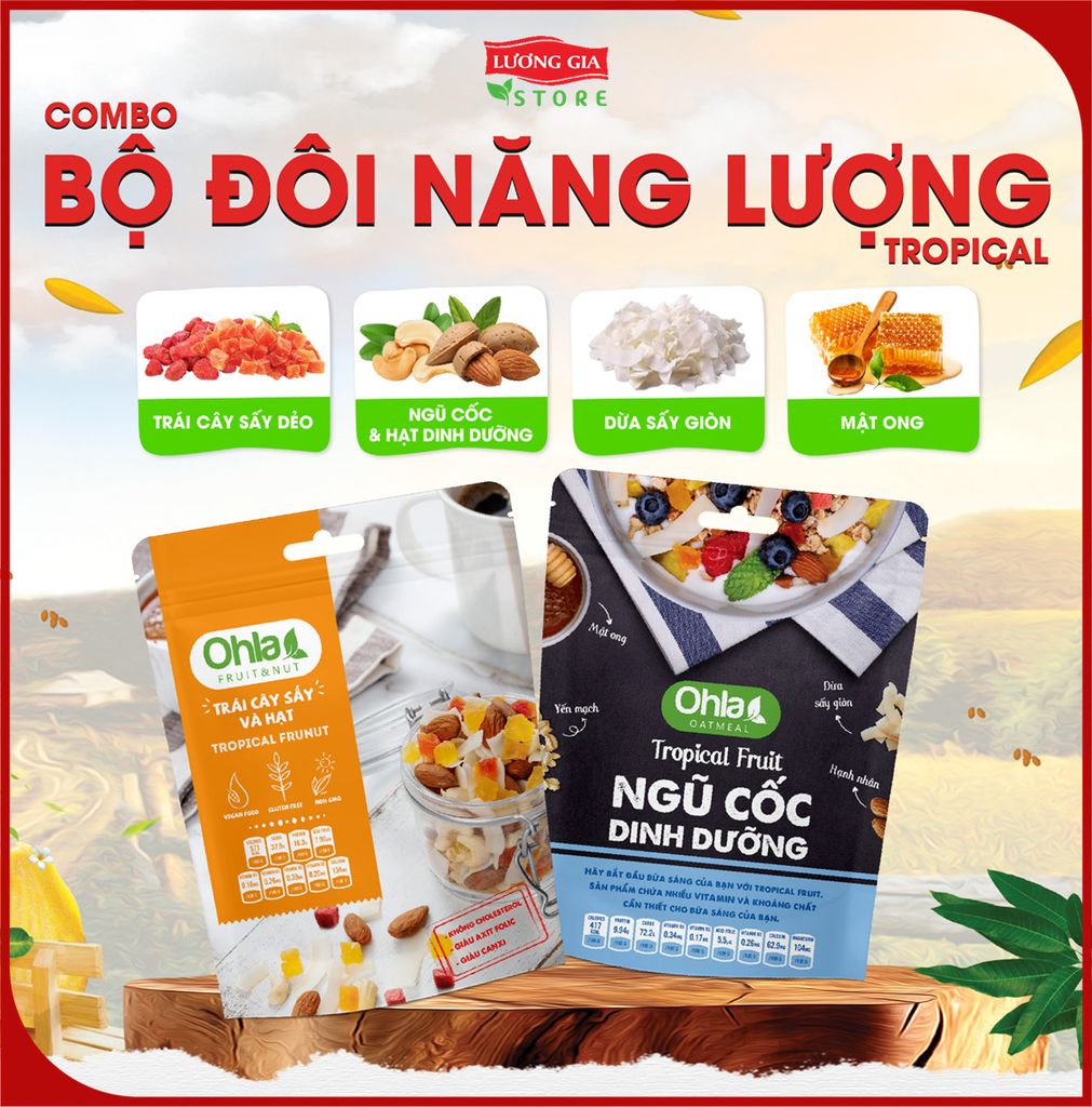 COMBO Bộ đôi năng lượng Tropical ( 1 NCDD Tropical 180gr và 1 Trái Cây Sấy Mix Hạt Tropical 100gr)