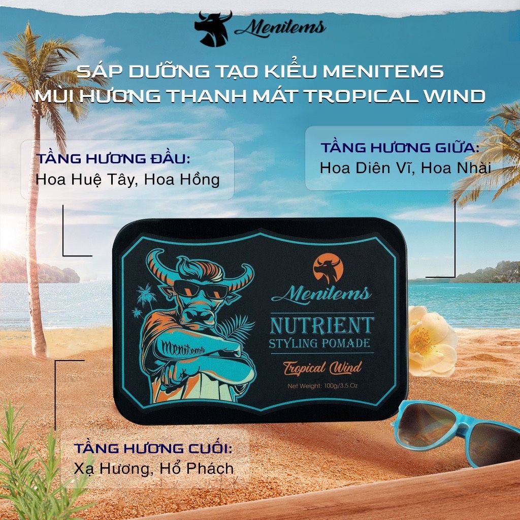  Sáp vuốt tóc Tropical Wind Menitems, sáp tóc pomade, giữ nếp, tạo kiểu tự nhiên cả ngày dài, nước hoa lưu hương lâu 