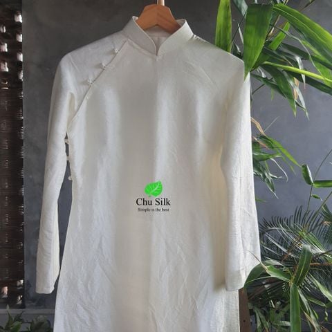  Áo dài tơ nguyên bản màu trắng dáng suông cổ cao 3cm truyền thống 