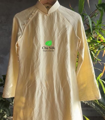  Áo dài tơ vàng nguyên bản truyền thống dáng suông, cổ cao 3cm 