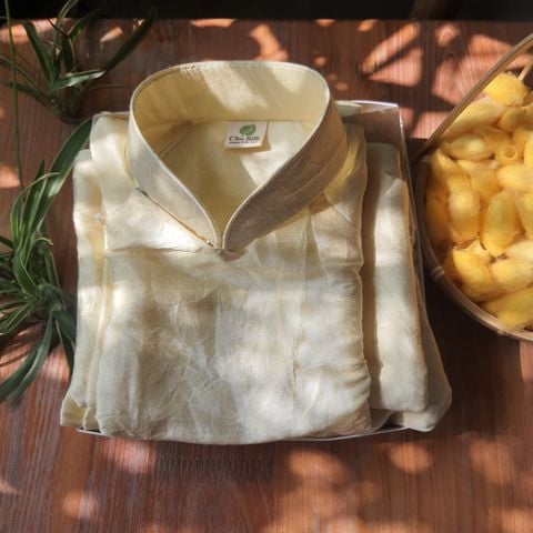  Áo dài tơ vàng nguyên bản truyền thống dáng suông, cổ cao 3cm 