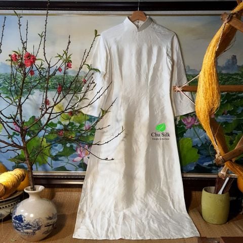  Áo dài tơ trắng nguyên bản dáng eo 