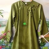  Áo dài lụa xanh rêu thêu hoa đào 