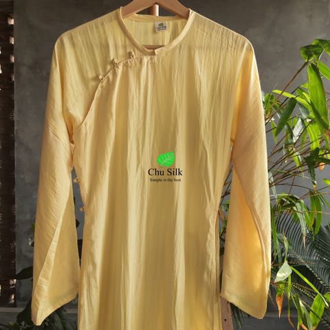  Áo dài xưa cổ kiềng tròn lụa màu vàng 