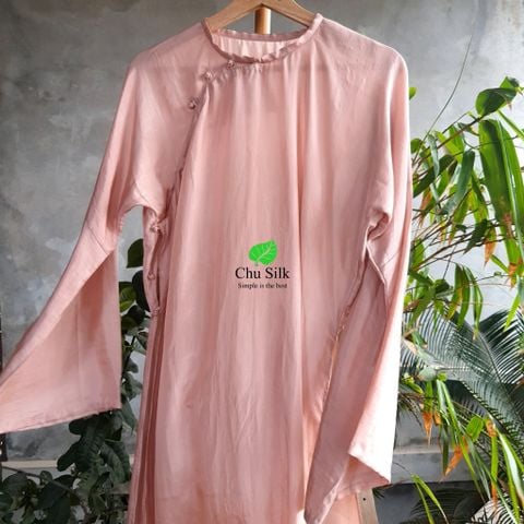  Áo dài xưa cổ kiềng tròn lụa màu hồng cánh sen 
