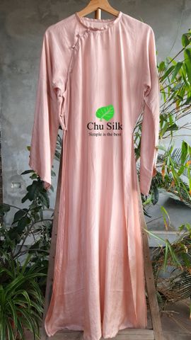  Áo dài xưa cổ kiềng tròn lụa màu hồng cánh sen 