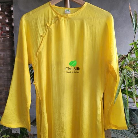  Áo dài xưa cổ kiềng tròn màu vàng tươi 