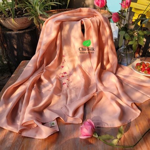  Khăn lụa tơ tằm thêu tay_màu hồng sen 