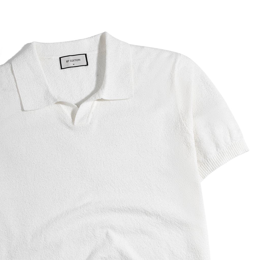 Áo Thun Polo Dệt Kim Textured Trơn Màu Trắng Kem