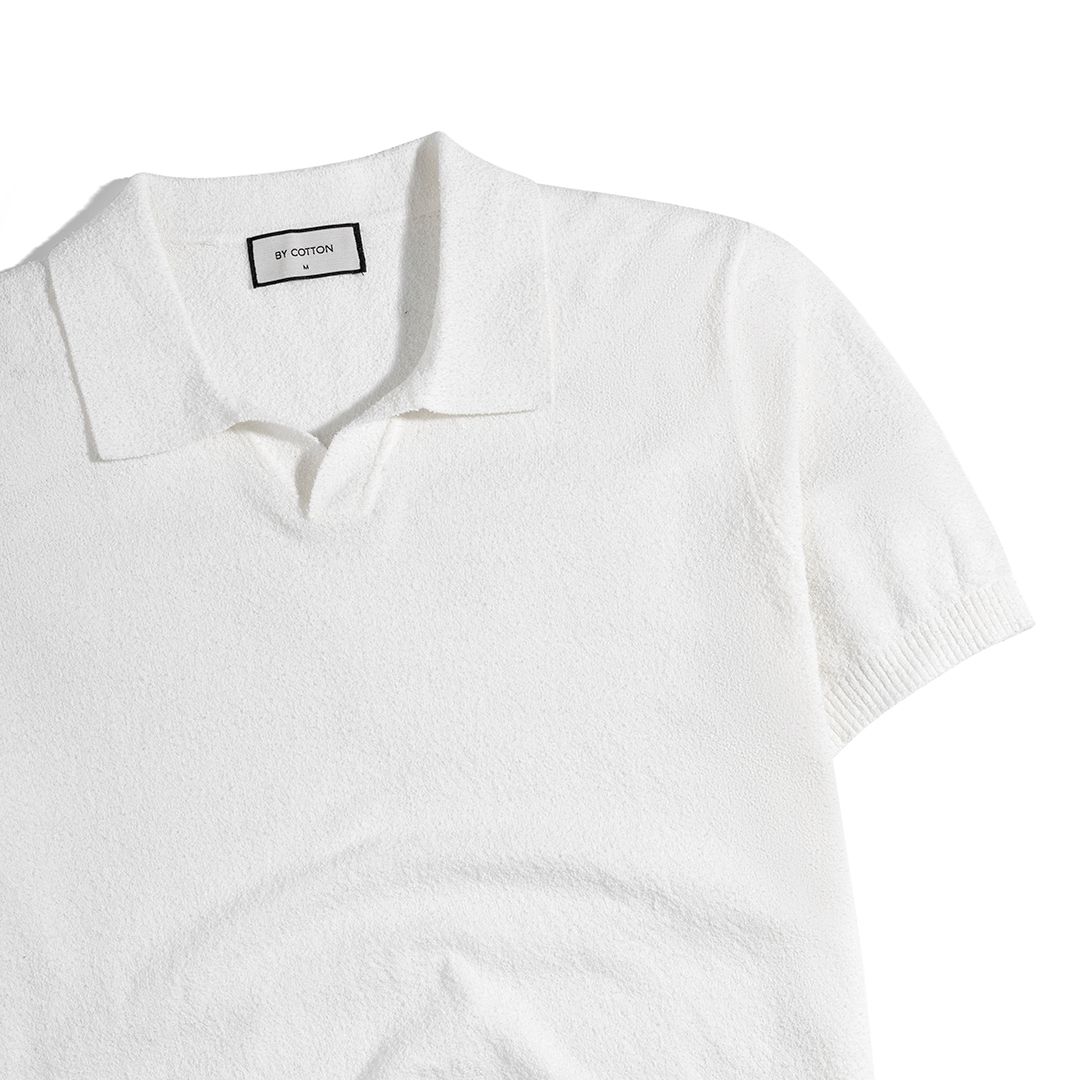 Áo Thun Polo Dệt Kim Textured Trơn Màu Trắng Kem