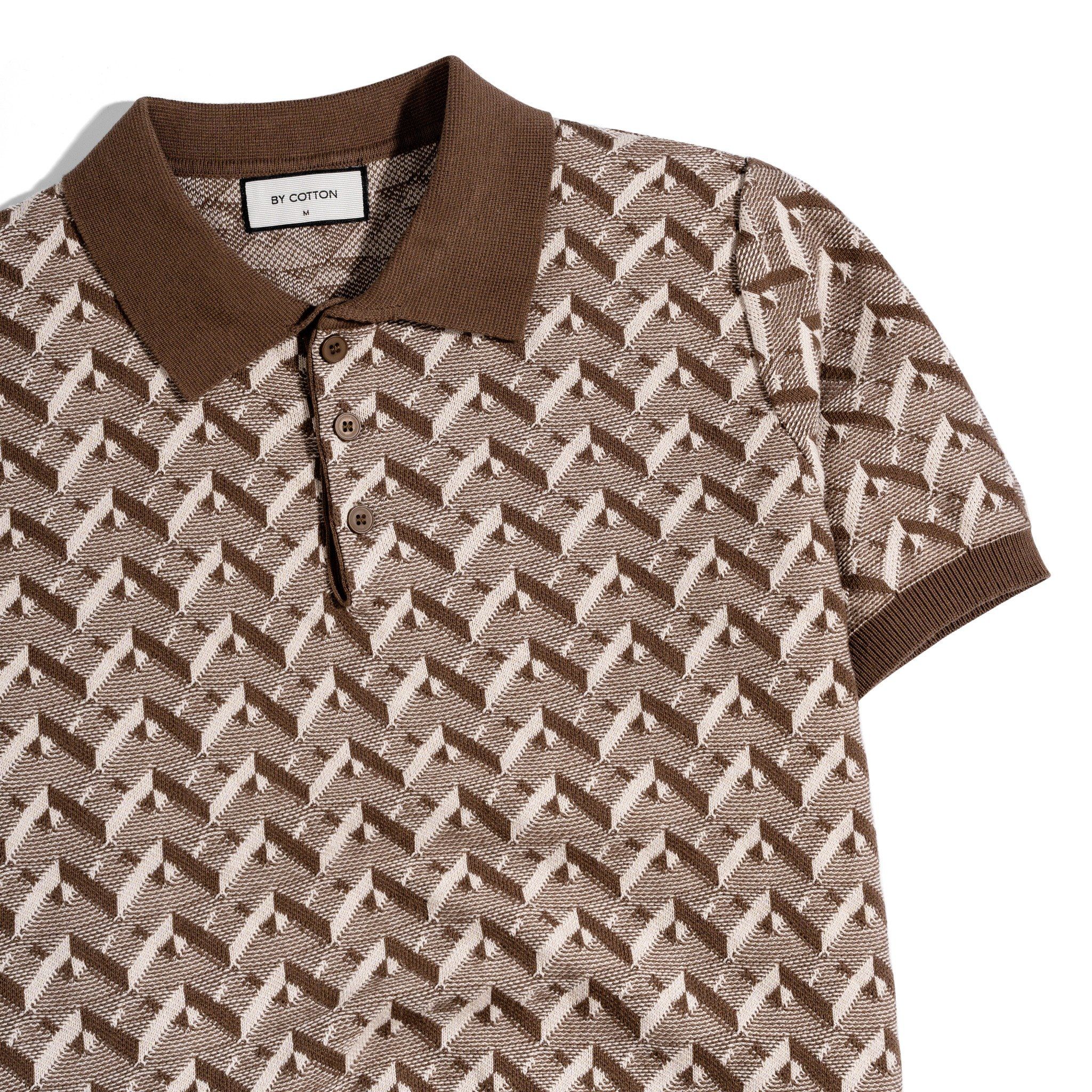 Áo Thun Polo Dệt Kim Cao Cấp Monogram Hoạ Tiết Nâu Trắng