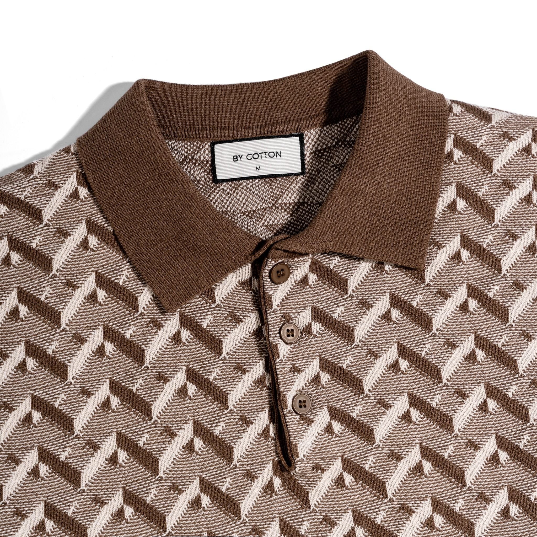 Áo Thun Polo Dệt Kim Cao Cấp Monogram Hoạ Tiết Nâu Trắng