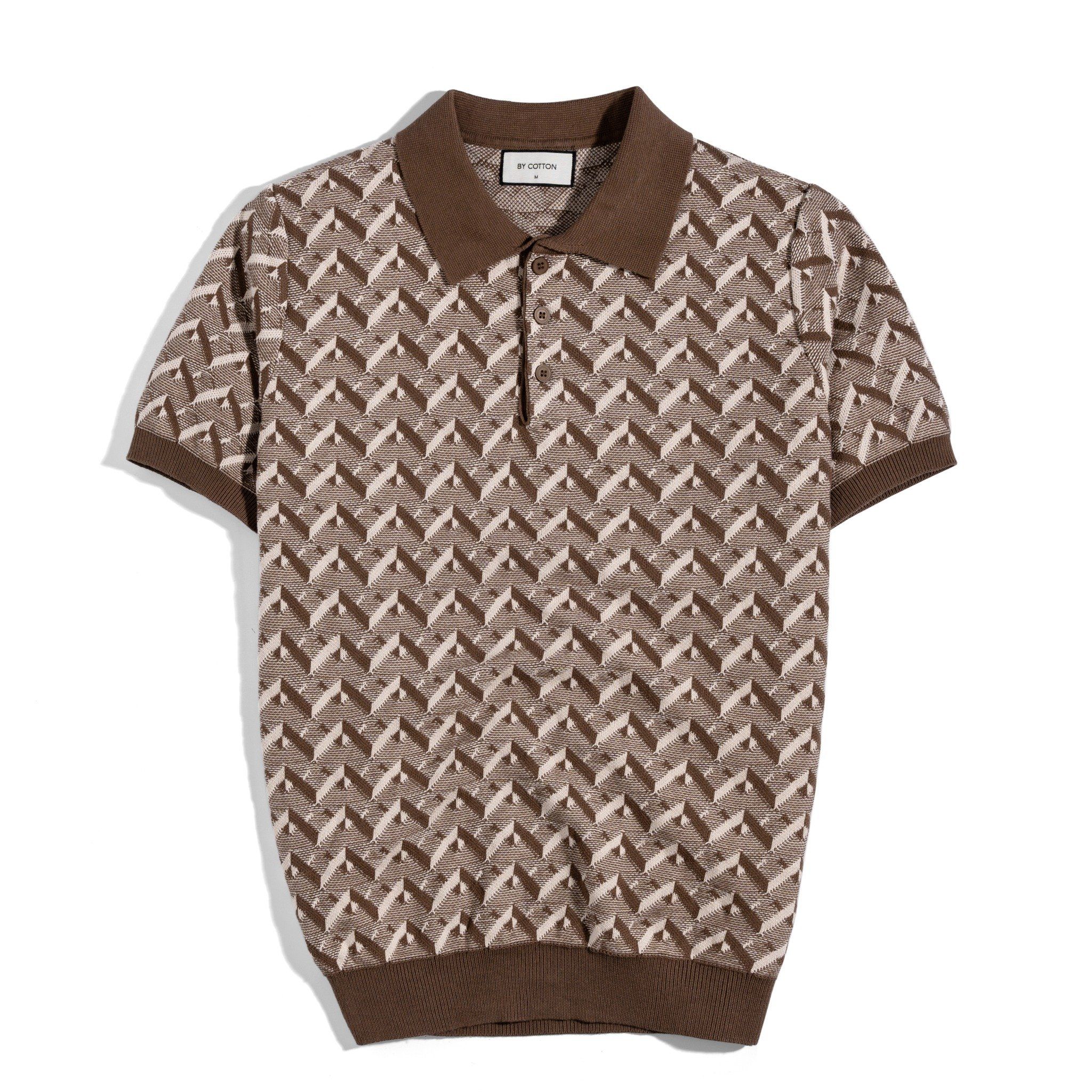 Áo Thun Polo Dệt Kim Cao Cấp Monogram Hoạ Tiết Nâu Trắng