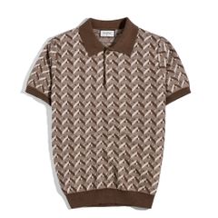 Áo Thun Polo Dệt Kim Cao Cấp Monogram Hoạ Tiết Nâu Trắng