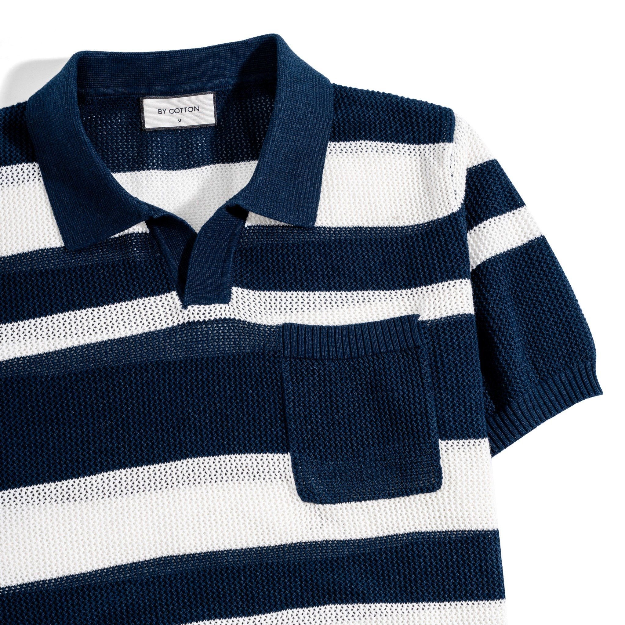 Áo Thun Polo Dệt Kim Sọc Xanh Đen - Trắng 0125