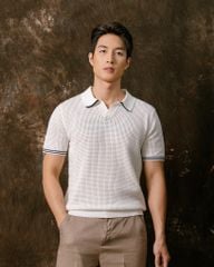 Áo Thun Polo Dệt Kim Trắng Lỗ Viền Sọc Bo Tay