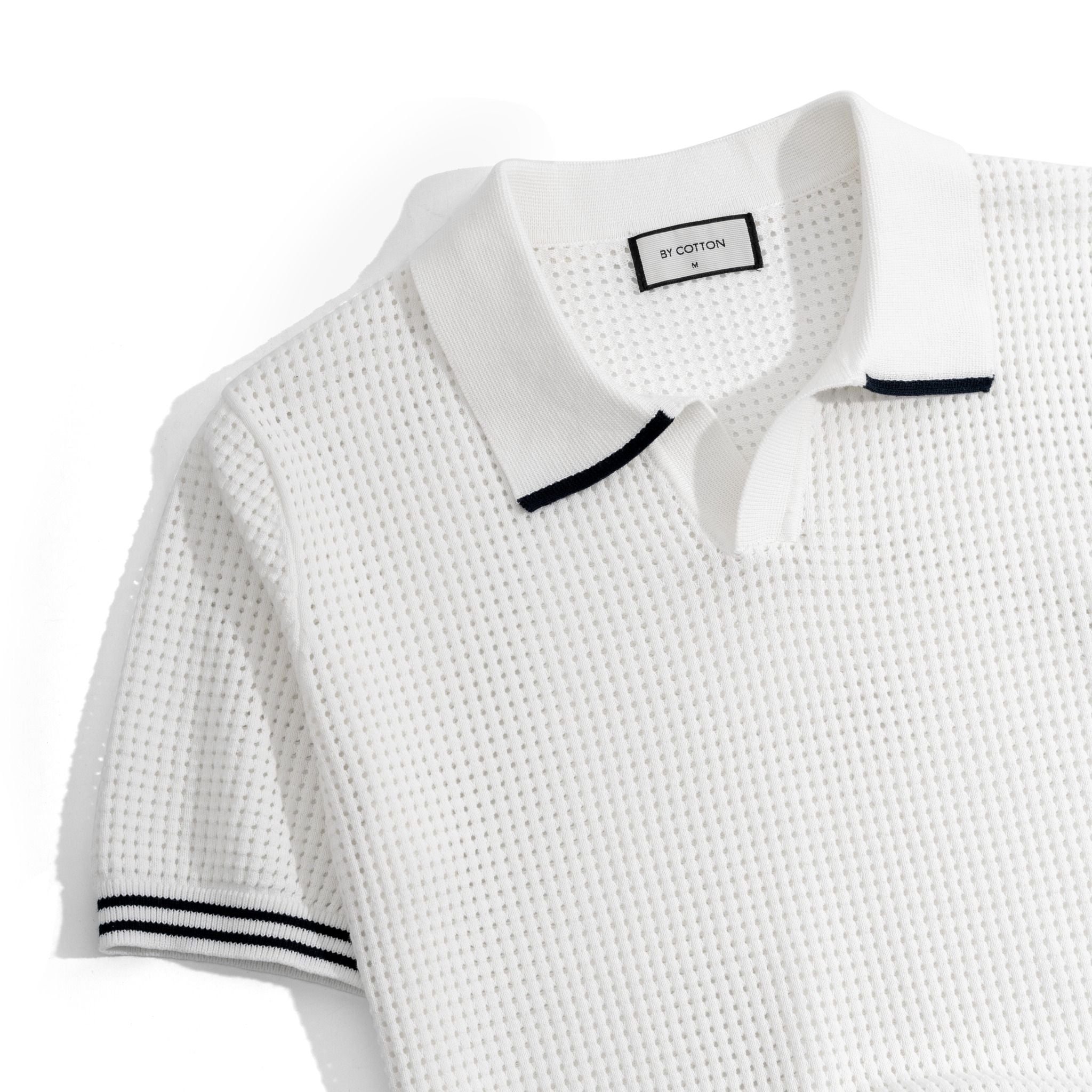 Áo Thun Polo Dệt Kim Trắng Lỗ Viền Sọc Bo Tay