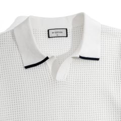 Áo Thun Polo Dệt Kim Trắng Lỗ Viền Sọc Bo Tay