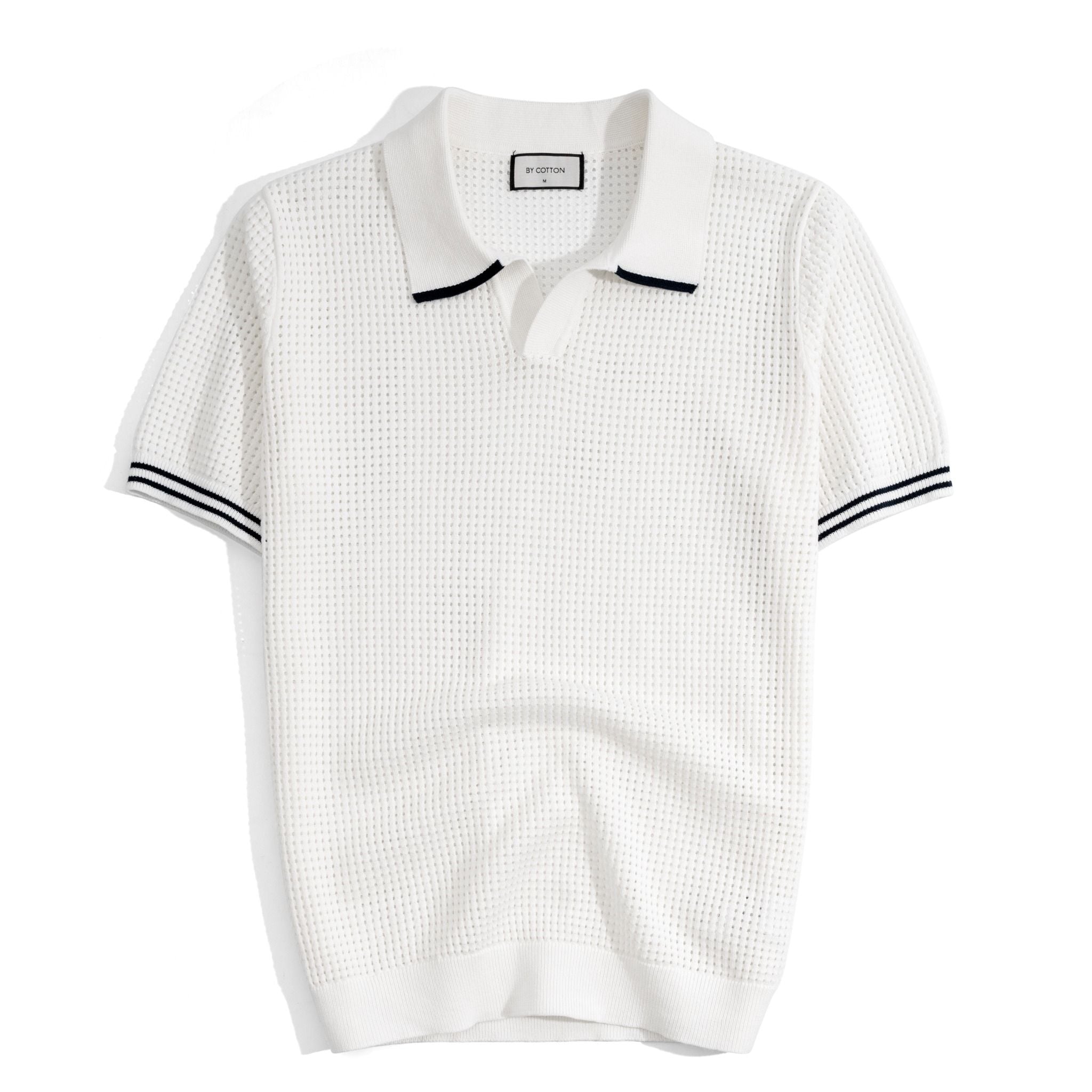 Áo Thun Polo Dệt Kim Trắng Lỗ Viền Sọc Bo Tay