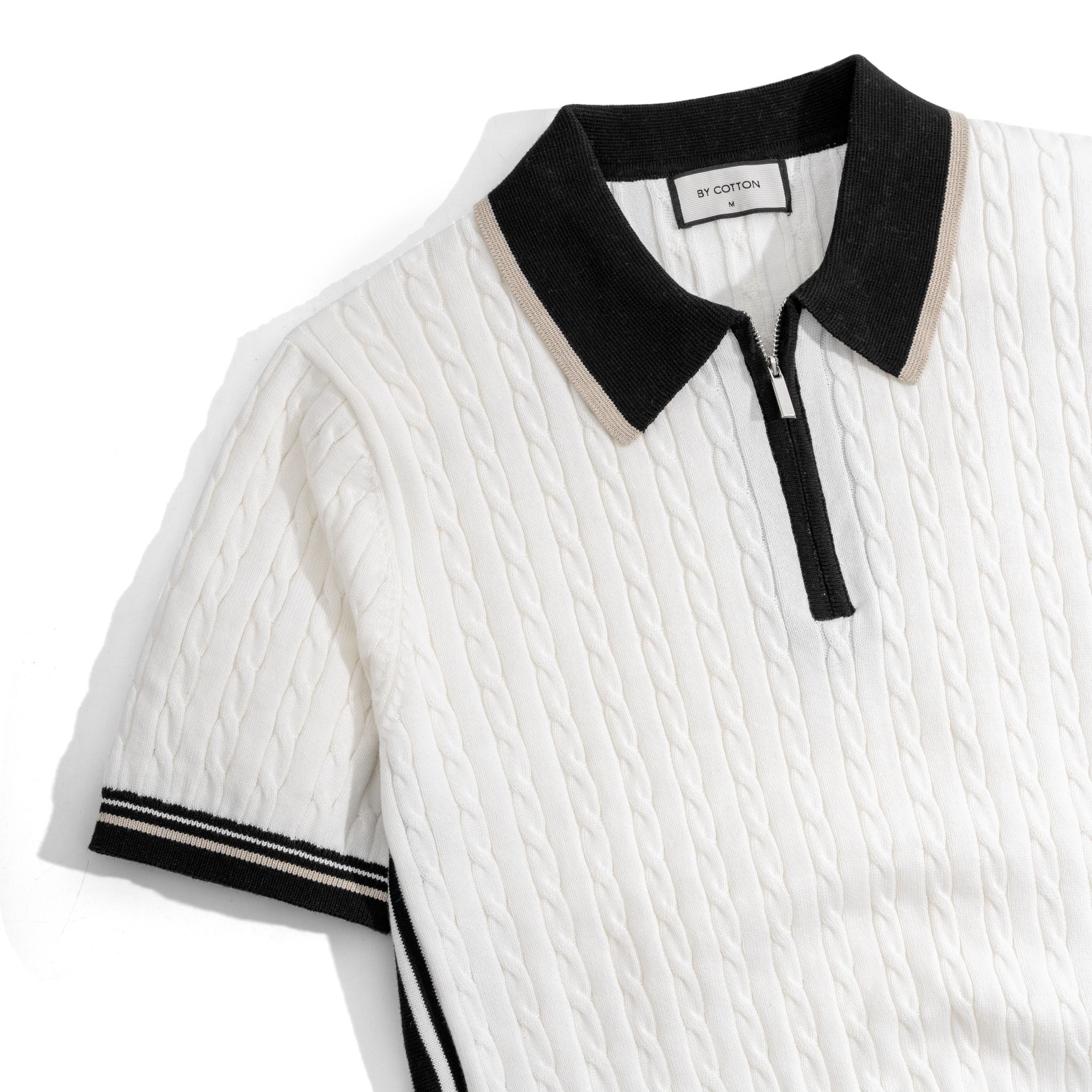 Áo Thun Polo Dệt Kim Twist - Trắng Phối Bo Đen