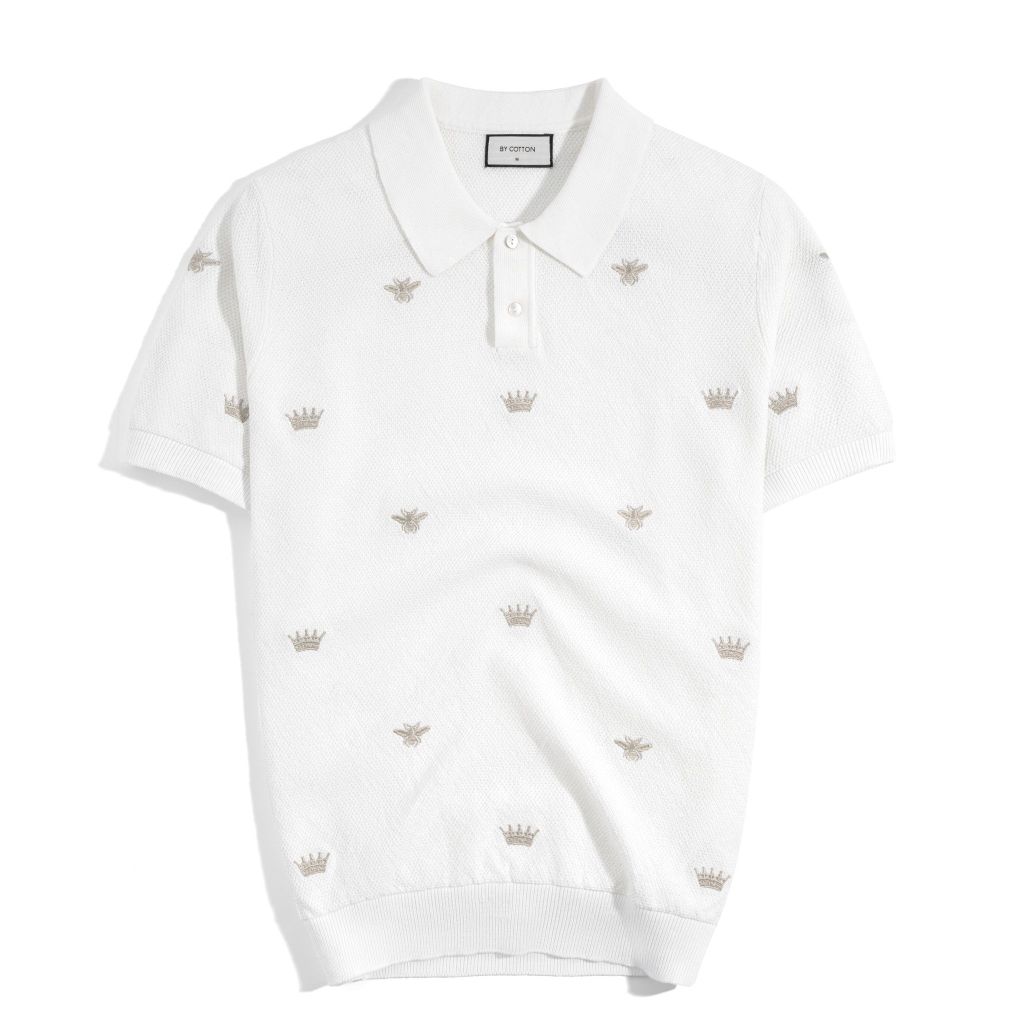 Áo Thun Polo Dệt Kim Cao Cấp Trắng Thêu Bee