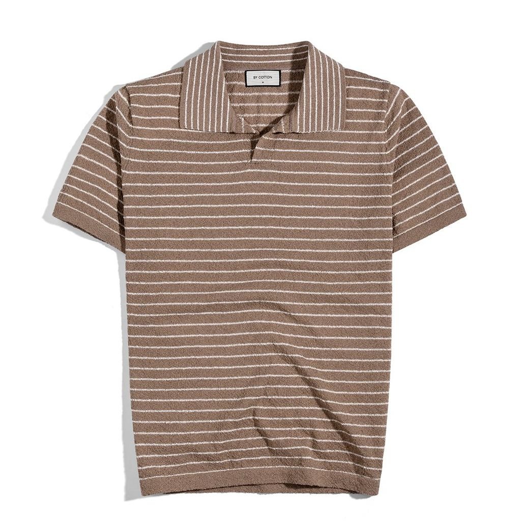 Áo Thun Polo Dệt Kim Textured Sọc Nhuyễn Kem Nâu