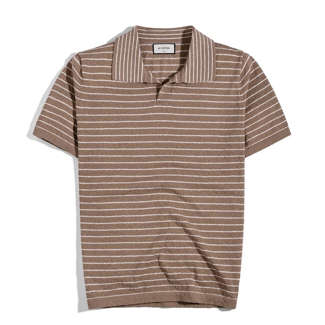 Áo Thun Polo Dệt Kim Textured Sọc Nhuyễn Kem Nâu