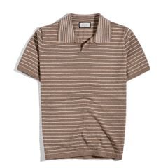 Áo Thun Polo Dệt Kim Textured Sọc Nhuyễn Kem Nâu