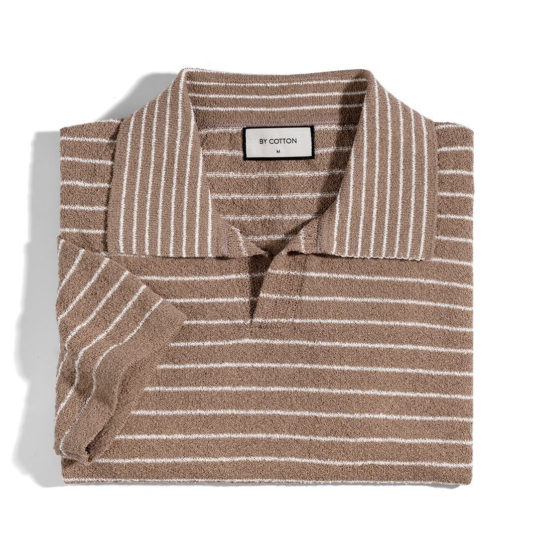 Áo Thun Polo Dệt Kim Textured Sọc Nhuyễn Kem Nâu