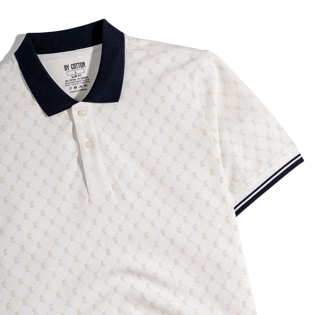 Áo Thun Polo Pique Trắng In Tràn Monogram BC