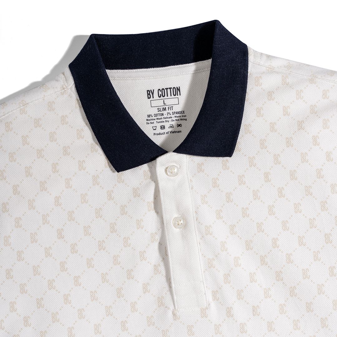 Áo Thun Polo Pique Trắng In Tràn Monogram BC