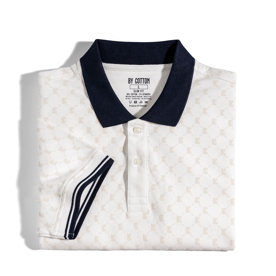 Áo Thun Polo Pique Trắng In Tràn Monogram BC