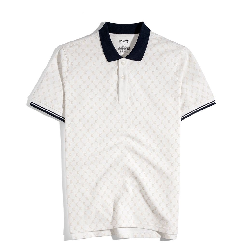 Áo Thun Polo Pique Trắng In Tràn Monogram BC