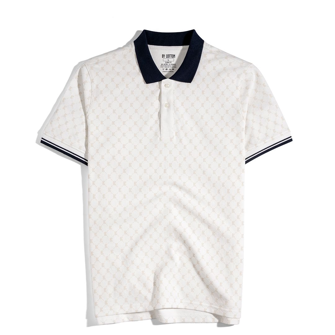 Áo Thun Polo Pique Trắng In Tràn Monogram BC