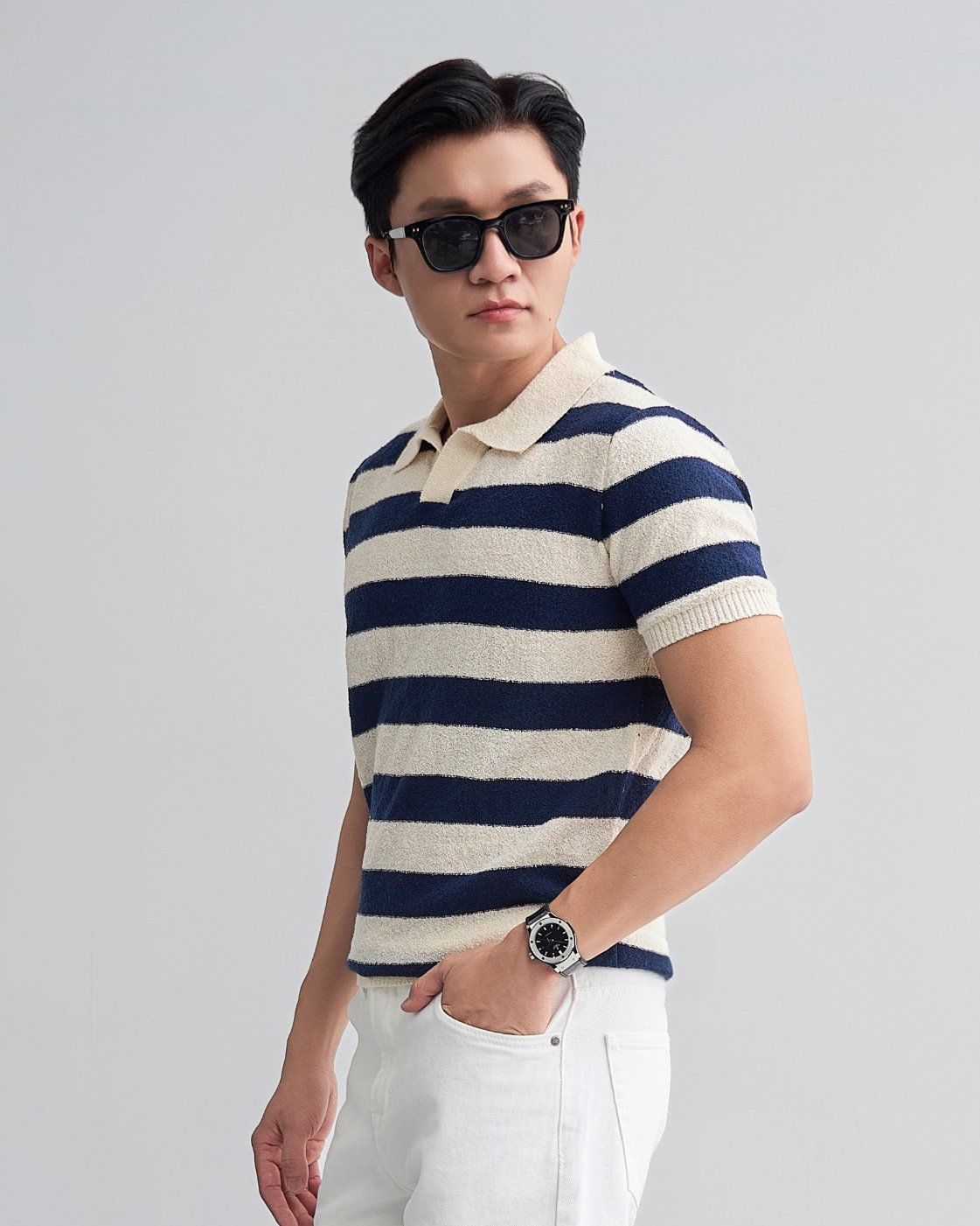 Áo Thun Polo Dệt Kim Textured Sọc Kem - Xanh đen